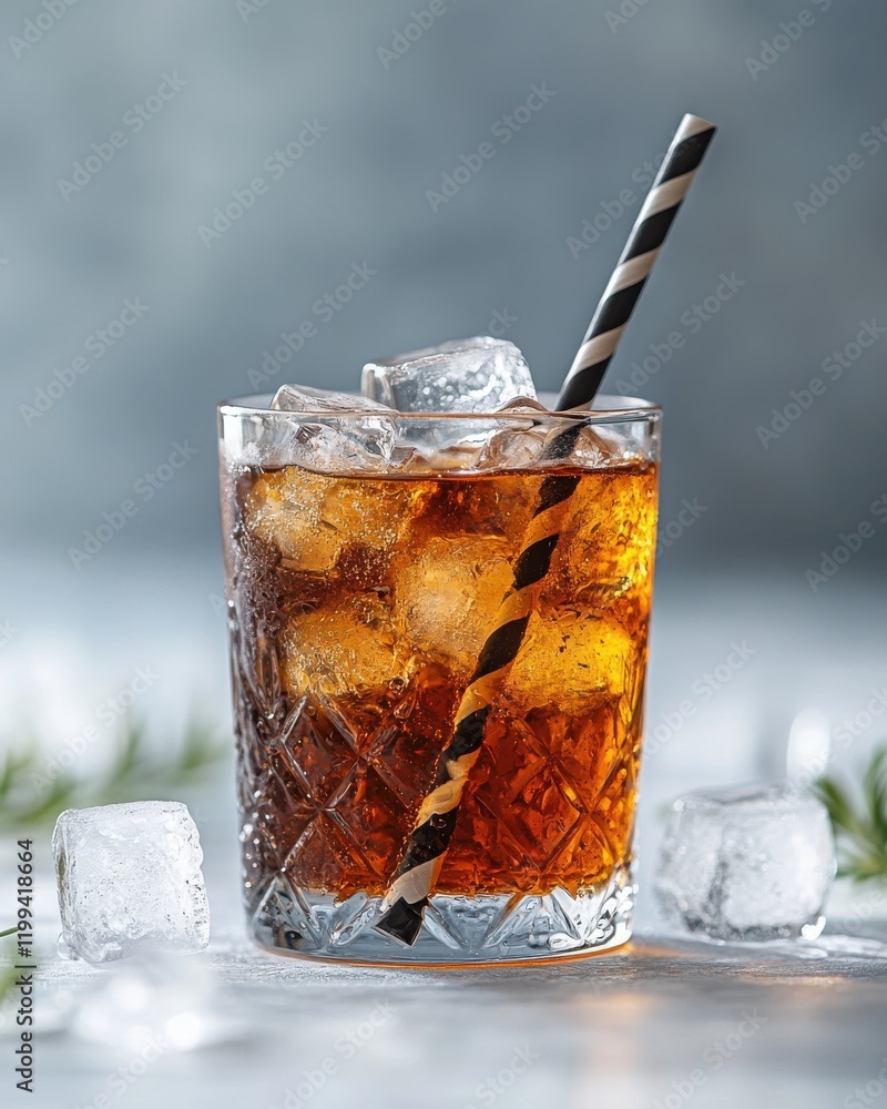 Poster refreshing dark beverage with ice cubes and striped straw in a stylish glass captured in soft focus 