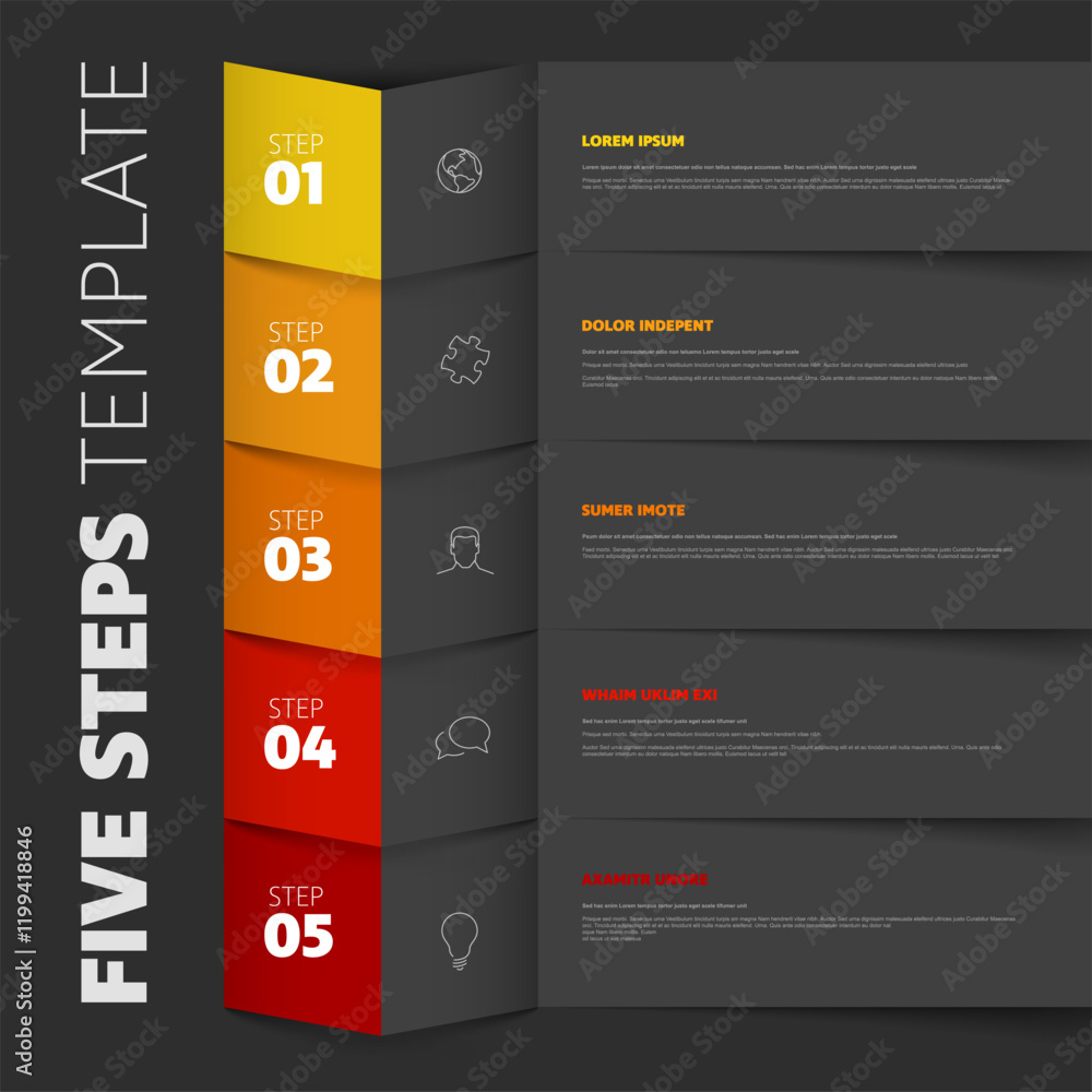 Poster five dark steps progress process infographic layout template with big numbers icons text content and