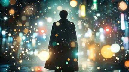 Person in a Long Coat Stands in Snow on a Colorful City Street