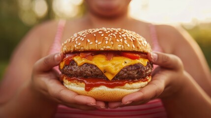 A close-up of a person holding a juicy cheeseburger with ketchup and a sesame seed bun, set against a warm, outdoor background, Junk foods.