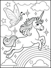 Illustration of a cute unicorn cartoon character. Black and white Printable Unicorn coloring page for kids.