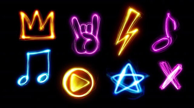 Set of 8 neon scketch doodle music animations. Scribble stroke line punk hand, crown, notes, lightning, star, play button on a transparent alpha channel 