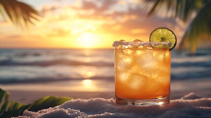 A refreshing margarita cocktail in a clear glass with a salted rim, garnished with a fresh lime wedge, set against a sunny, tropical backdrop.