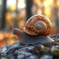 Snail shell spirals, forest background.