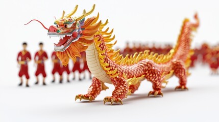 Fototapeta premium A vibrant dragon figure leads a parade of red-clad performers, symbolizing celebration and cultural heritage, Chinese-Lunar New year.