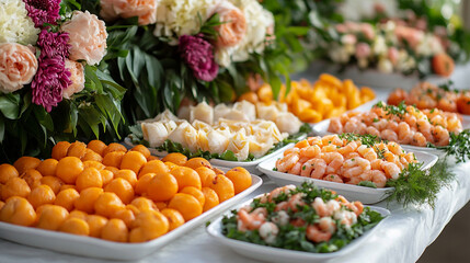 Overflowing Feast Buffet Table with Trays of Food and Flowers in a Stunning Orange Pastel Color Theme Generative AI