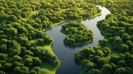 Aerial view of a winding river surrounded by dense green forests, showcasing nature's beauty and tranquility.