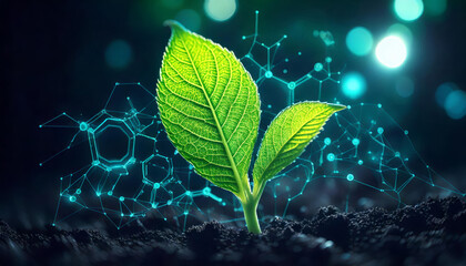 Technological advancements in agriculture for plant growth, with a living green leaf and scientific data on biology and nature's chemistry.
