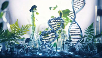 Biology laboratory studying plants, DNA, gene therapy, and biochemistry structures on white backgrounds, focused on environmental science.