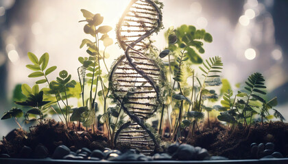 Environmental and plant study with DNA and gene therapy research in a biology laboratory, with biochemistry structures on white backgrounds.
