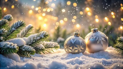Two snow-covered Christmas ornaments in a snowy landscape, surrounded by evergreen trees and twinkling lights, evoking a sense of winter wonderland magic , christmas decorations, ornaments