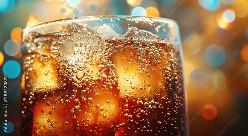 Poster refreshing glass of carbonated soft drink filled with ice cubes against a colorful bokeh background 