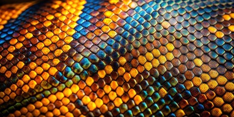 Naklejka premium Exotic reptile skin texture with vibrant patterns on a dark background , reptile skin