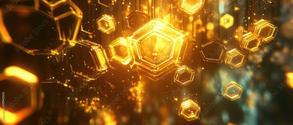Poster futuristic high-fidelity visualization of floating illuminated hexagons in digital space