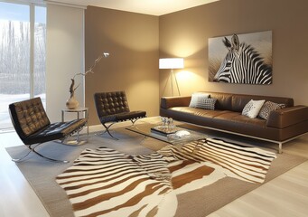 A safari-themed interior living room featuring an animal print carpet.