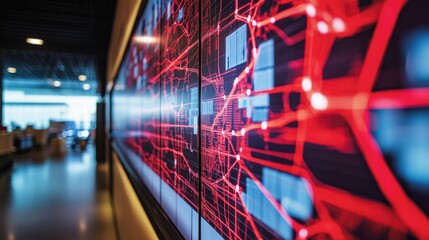 Closeup on a large digital screen displaying a map with red lines indicating shipment routes reflecting streamlined logistics and more efficient transportation ods.