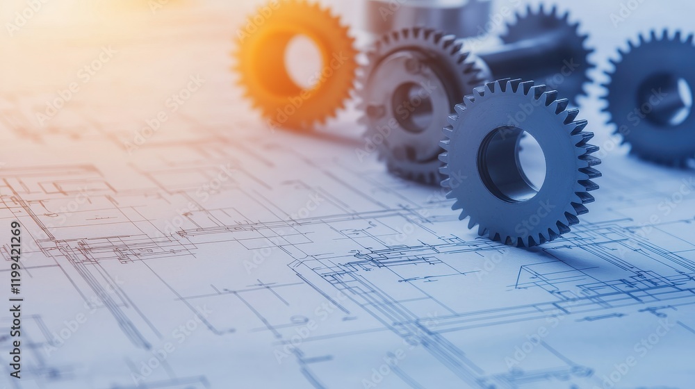 Poster image shows mechanical gears on architectural blueprints, symbolizing engineering and design integra