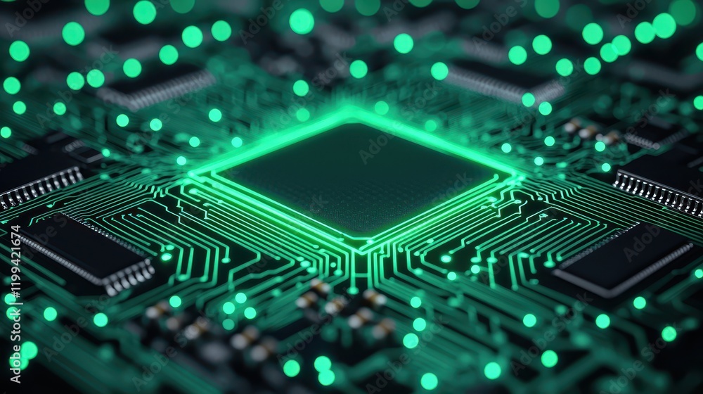 Poster a close-up view of a circuit board illuminated with green lights, featuring a central processing uni