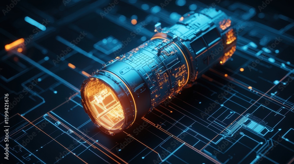 Poster a futuristic device with glowing elements rests on a digital circuit background, showcasing advanced