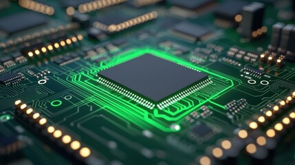 Fototapeta premium A close-up view of a computer microchip on a circuit board, illuminated with a green glow, showcasing intricate electronic components and pathways.