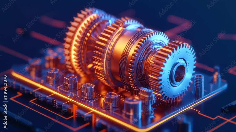 Aufkleber a close-up of interconnected gears with glowing edges on a circuit board, illustrating the fusion of