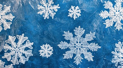 Beautiful Winter Snowflakes on Frozen Blue Ice Background
