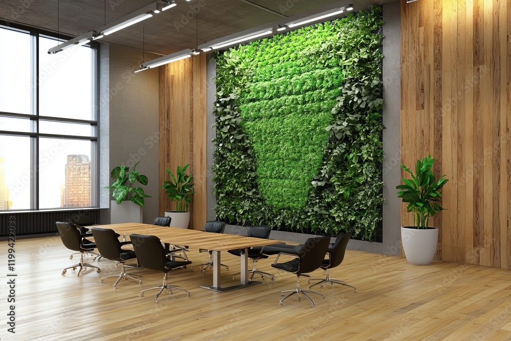Poster the 3d visual illustrates the integration of nature within a sophisticated office environment.