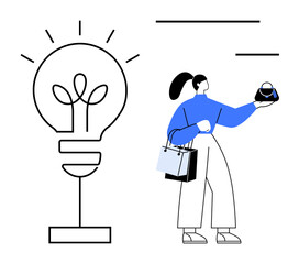 Woman holding shopping bags and a small purse, standing next to a large light bulb. Ideal for creativity, innovation, shopping, consumerism, business ideas, modern lifestyle, and inspiration