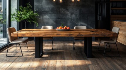 Modern Wooden Dining Table with Stylish Chairs and Fresh Fruit