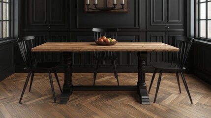 Modern Rustic Dining Room with Black Walls and Wooden Table