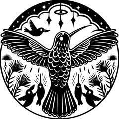 Majestic hummingbird illustration surrounded by smaller birds and flowers in a whimsical environment, copy space