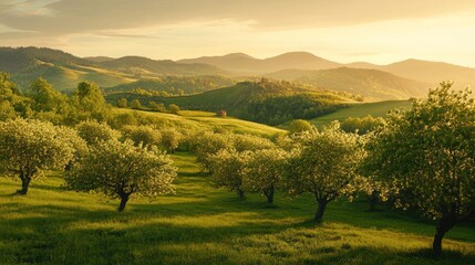Obraz premium Scenic landscape of hills and trees during sunset with warm light and tranquility