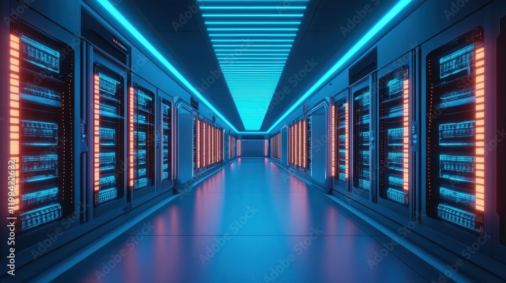 Poster a futuristic data center corridor illuminated by vibrant blue lights and flanked by rows of servers,