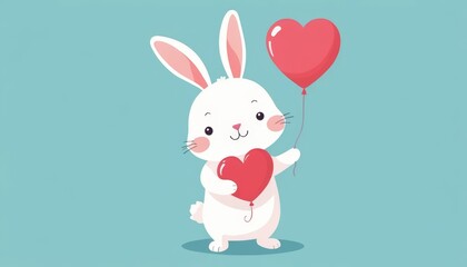 Obraz premium A cute cartoon bunny holding heart-shaped balloons against a sky-blue background. Perfect for Valentine's Day and Mother's Day cards, with space for heartfelt messages
