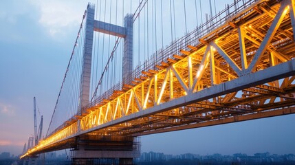 A stunning view of a illuminated bridge at dusk, showcasing its intricate design and the warm glow of lights against a twilight sky.