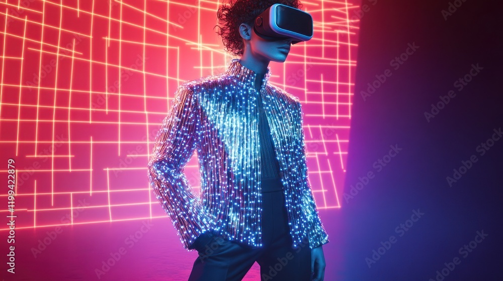 Poster individual wearing a glowing jacket while engaging with virtual reality technology in a vibrant sett