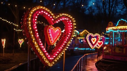 Illuminated Heart Shaped Fairground Lights Romantic Night