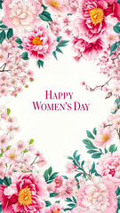 Celebration of International Women's Day with a floral design featuring pink and white blossoms surrounding a central greeting of Happy Women's Day