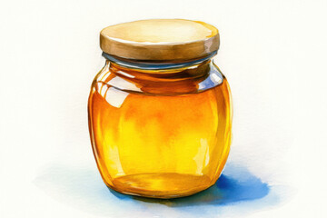 Elegant glass jar filled with golden liquid, showcasing watercolor style beauty