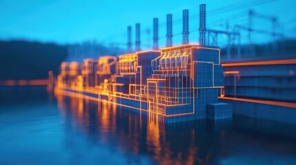Fototapeta premium A digital representation of an industrial facility with illuminated lines, reflecting on water, suggesting advanced technology and energy production.