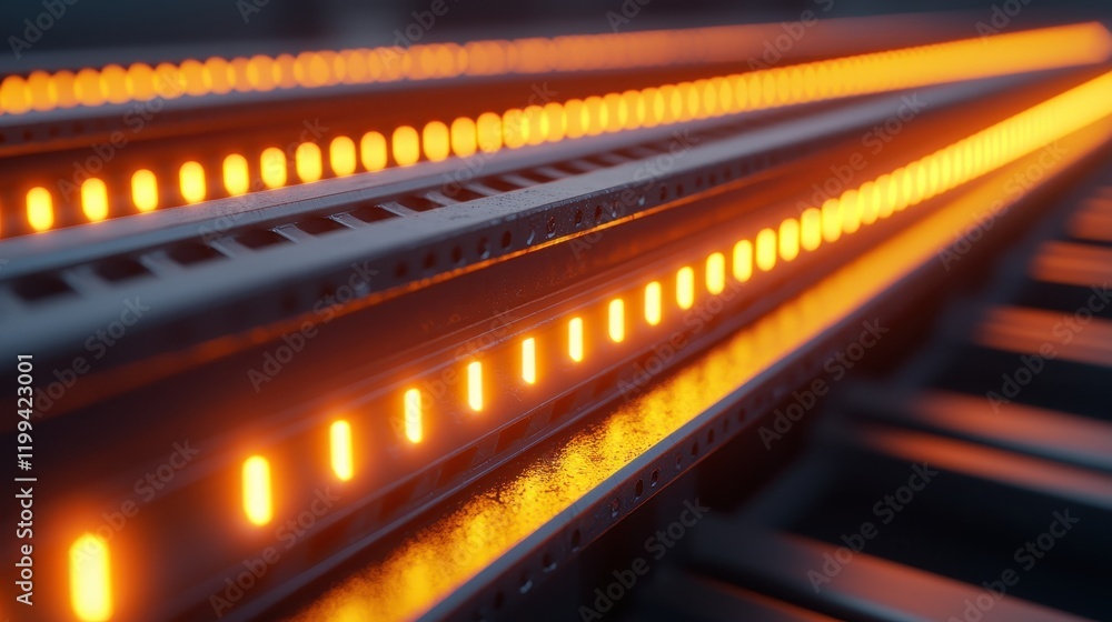 Poster a close-up view of illuminated orange led lights arranged in a linear pattern, showcasing a modern a