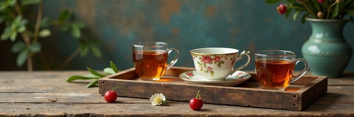 A charming tea setup with cups, tray, and decorative elements on a rustic wooden table.
