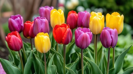 Colorful Tulips in Bloom with Vibrant Petals and Lush Green Leaves