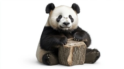 Cute Baby Panda Sitting on Log with Adorable Expression