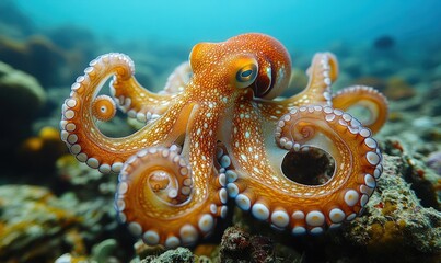 Orange octopus underwater, vibrant colors, detailed tentacles.