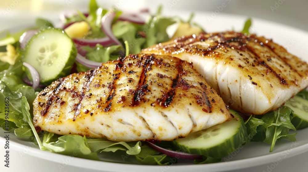 Poster Grilled fish fillets served on a fresh salad with cucumbers and onions at a casual dining table. Generative AI