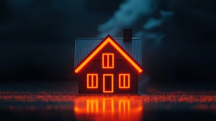 A glowing miniature house model with smoke in the background, evoking a warm and cozy atmosphere.