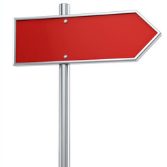 Fototapeta premium Red directional sign on silver pole, blank for customization, ideal for various uses. Perfect for guiding or indicating directions in urban or rural settings