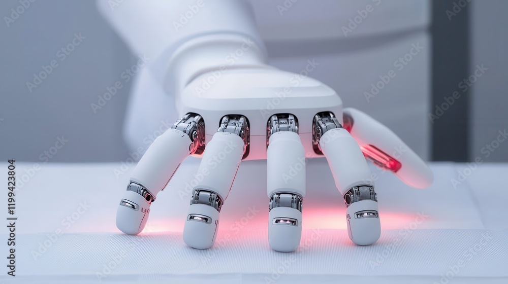 Poster a robotic hand with articulated fingers emitting red light, showcasing advanced technology and desig