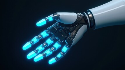 A futuristic robotic hand with glowing blue fingertips, showcasing advanced technology and design in a sleek, metallic finish.
